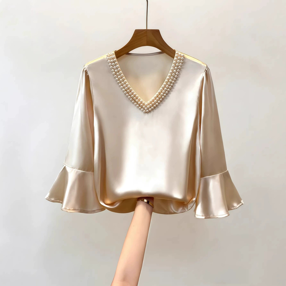 ZARA Women Spring Summer French Pearl Round Neck Satin Flared Sleeve Blouse